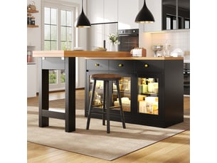 Table extensible avec 3 tiroirs, 3 portes vitrées et éclairage led rgb pour cuisine et salle à manger en mdf noir