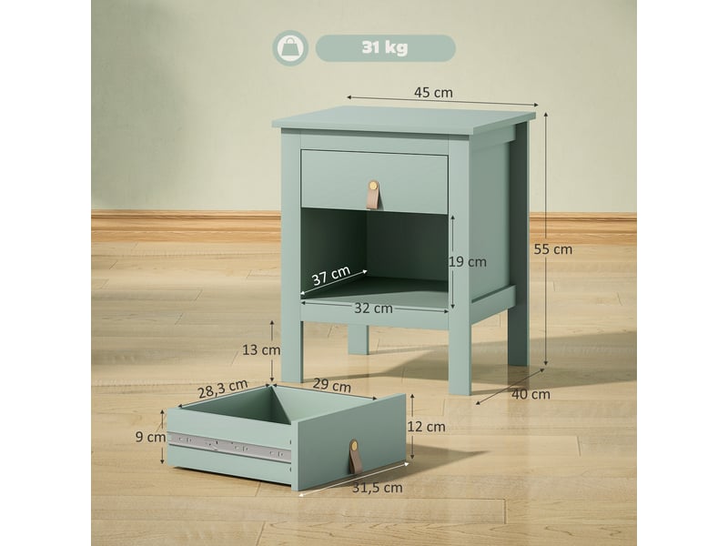 Lot de 2 tables de chevet avec tiroir et compartiment ouvert, 45 x 40 x 55 cm, vert - Conforama E