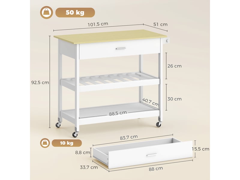  Desserte de cuisine à roulettes, îlot central cuisine avec plan de travail, tiroir, étagères, blanc, porte-serviettes  - Conforama C