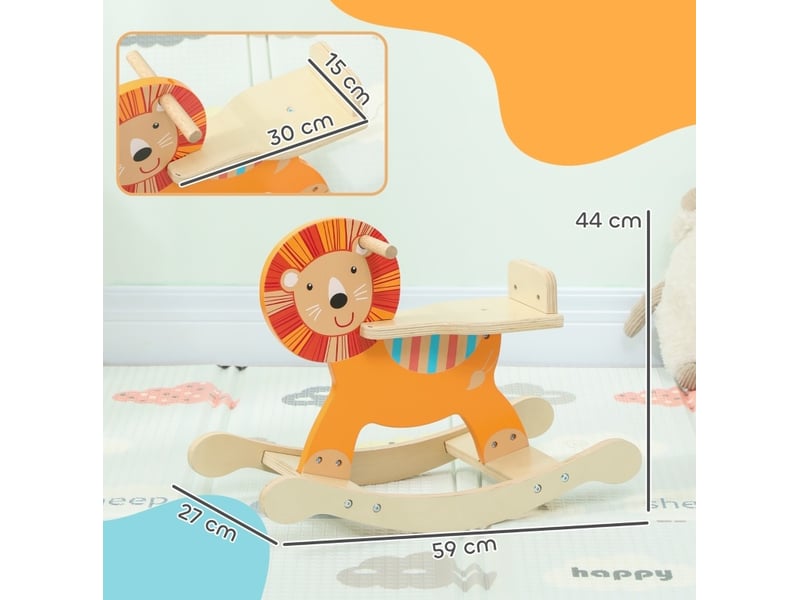  Cheval à bascule enfant motif lion 59x27x44 cm – orange – en bois, base anti-basculement, 25 kg  - Conforama C