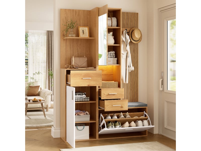  Meuble multifonction 120x32x178 cm - rangement chaussures - banquette - miroir - led - 1 porte - 3 tiroirs - étagères ouvertes - mdf - naturel et blanc ABC - Conforama D