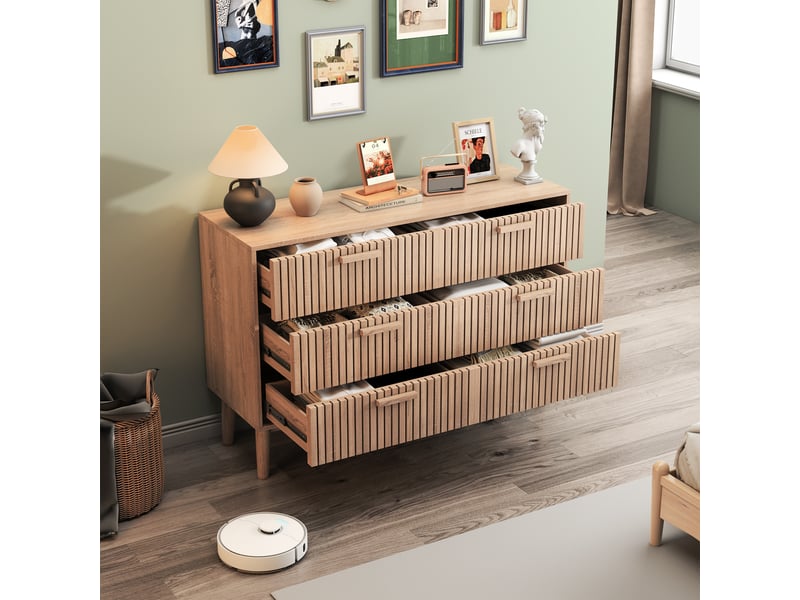  Buffet de rangement - design à lamelles verticales - 6 tiroirs - finition noyer - pour salon et salle à manger  - Conforama D