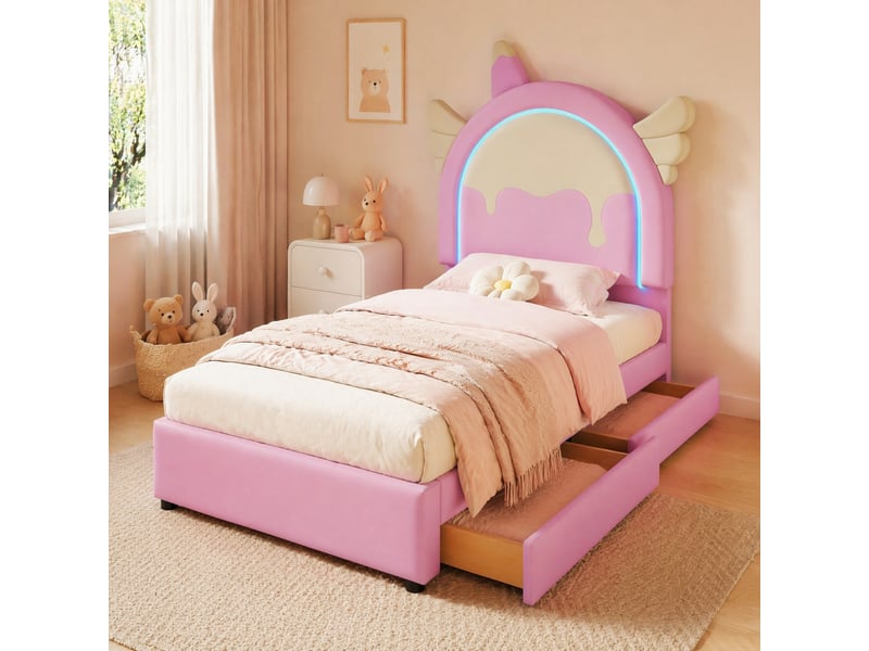  Lit enfant 200×90 cm en forme de licorne avec 2 tiroirs et bande lumineuse multicolore, sans matelas, rose  - Conforama B