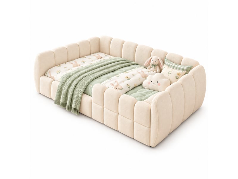  Lit enfant au sol 90x200 cm beige en velours, design fermé avec angles arrondis, sans matelas  - Conforama A