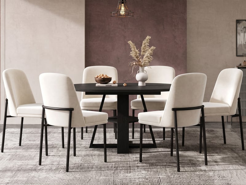  Ensemble table et chaises 4-6p, table ronde extensible 110150cm effet bois noir + rangement, 6 chaises velours beige  - Conforama B