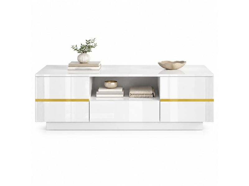  Table basse avec 2 portes, tiroir et niche - lpospi - plateau brillant en mdf blanc et doré 100 × 50 × 35,5 cm  - Conforama A