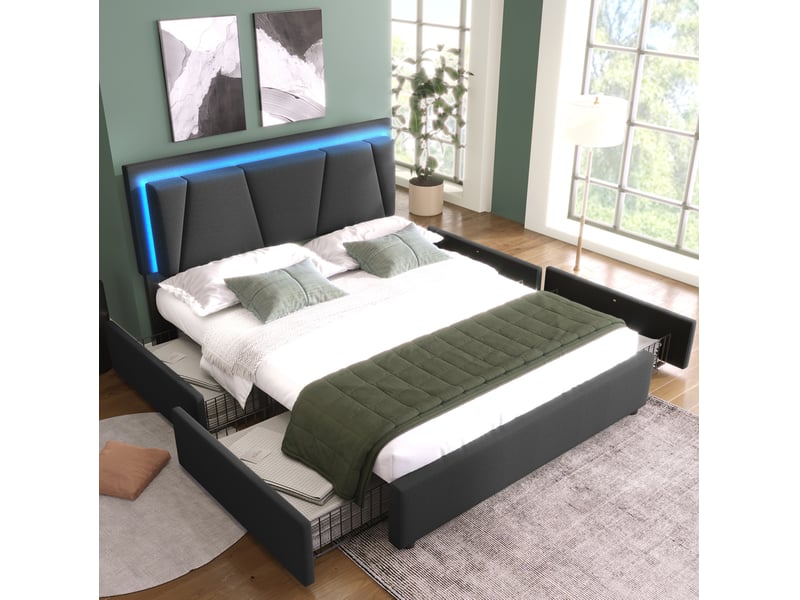  Lit coffre 2 places 160x200 cm, sans matelas, bois gris, tête de lit ajustable, sommier à lattes, 4 tiroirs, doté de led intégré  - Conforama B