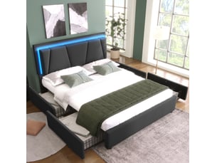 Lit coffre 2 places 160x200 cm, sans matelas, bois gris, tête de lit ajustable, sommier à lattes, 4 tiroirs, doté de led intégré