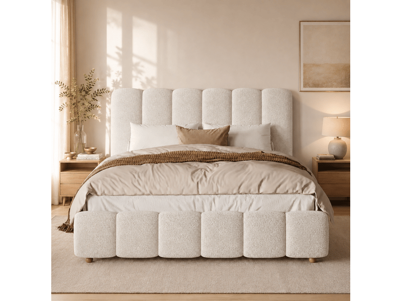  Lit coffre 2 places 140x190 cm avec sommier à lattes bouclette blanc  - Conforama B
