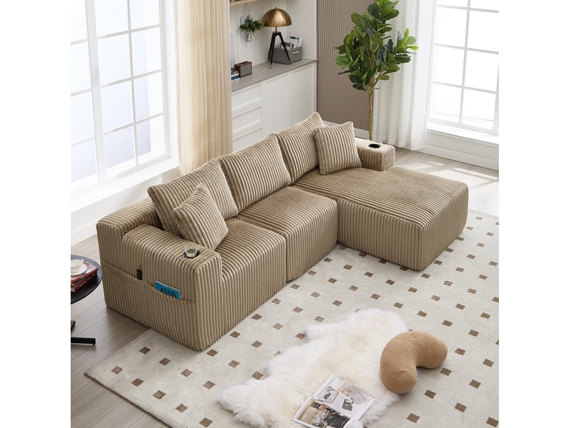  Canapé modulable modenvie 3 places avec méridienne 257 x 160 cm velours côtelé taupe  - Conforama B