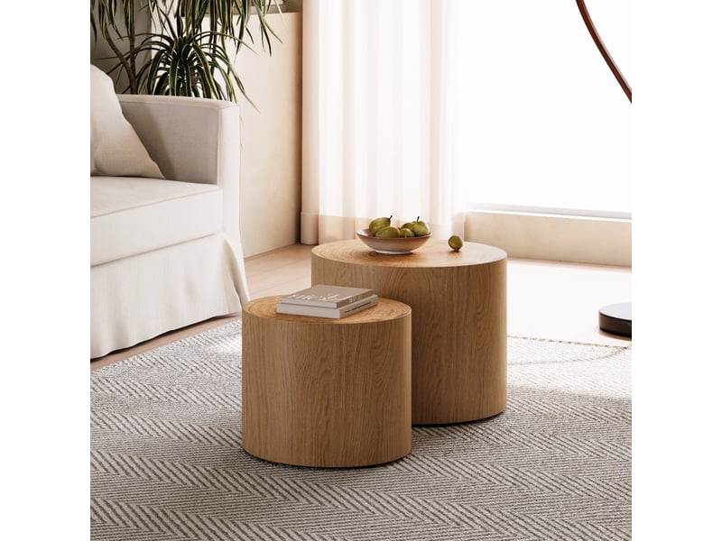 Lot de 2 tables basses gigognes - ø48x38cm et ø38x32cm - tables rondes tambour en bois motif cernes d'arbre - naturel - Conforama B