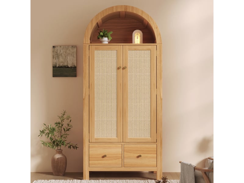 Armoire avec cannage, 2 portes, 2 tiroirs et penderie, chêne, 181x78x45 cm  - Conforama D
