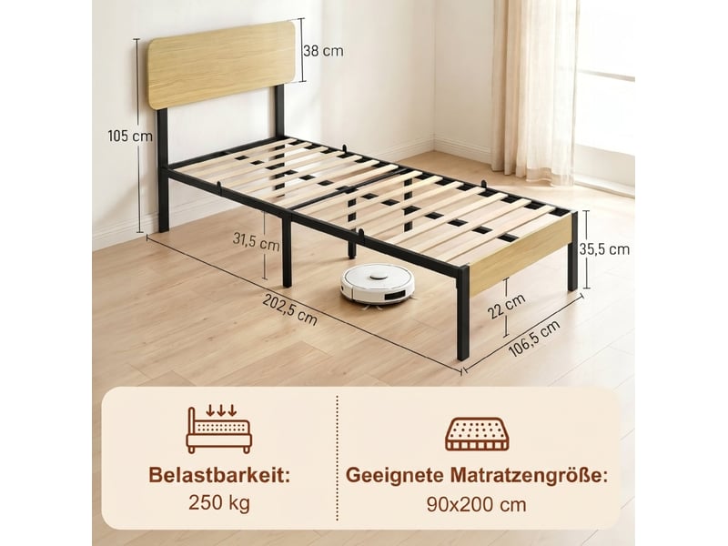  Lit cadre 90x200 cm avec tête de lit, sommier à lattes, espace sous lit de 31,5 cm, métal et bois naturel, sans matelas  - Conforama C