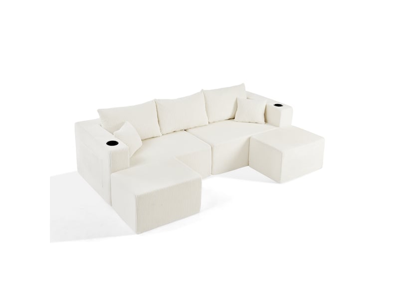 Canapé d'angle, canapé modulable, 3 places, en velours tricoté, beige, porte-gobelets, poches latérales - Conforama B