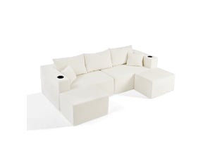 Canapé d'angle, canapé modulable, 3 places, en velours tricoté, beige, porte-gobelets, poches latérales