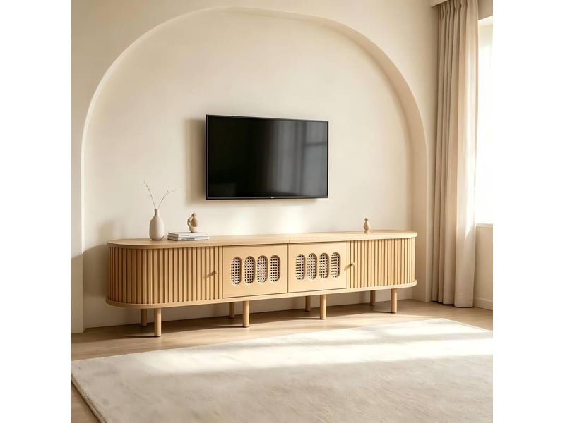  Meuble tv 180x40x40 cm – coloris naturel – rangement à portes coulissantes et battantes  - Conforama E