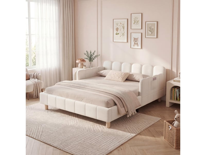  Lit enfant 1 place 140×190 cm avec côtés modulables et poches, sans matelas - okmyhome- velours beige  - Conforama C