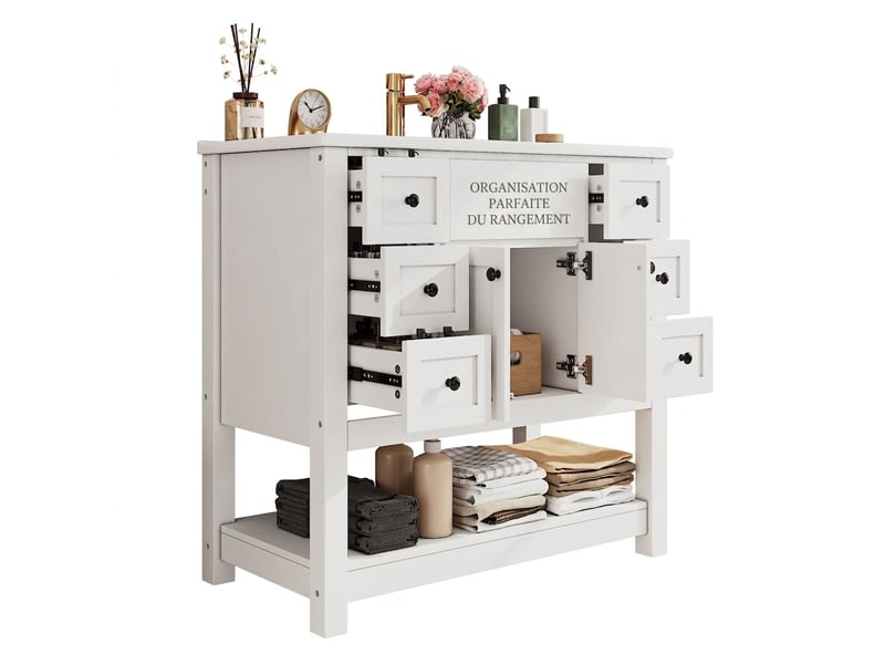  Meuble salle de bain sur pied 91 cm meuble vasque blanc laqué poignées noires  - Conforama A
