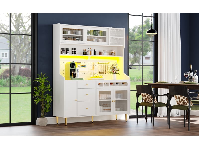  Armoires hautes 145×39×171cm pour le salon, éclairage led, armoire de salon avec étagères réglables, tiroir avec casier à bouteilles  - Conforama D