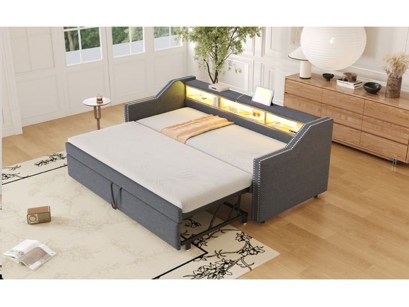  Lit gigogne 90180x190 cm - 3 rangements avec éclairage led et usb - lit 2 places - tissu lin gris foncé, dossier rembourré, sommier  - Conforama B