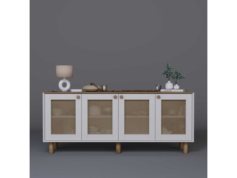  Buffet 4 portes en aggloméré bohemian blanc avec cannage (4 portes)  - Conforama E