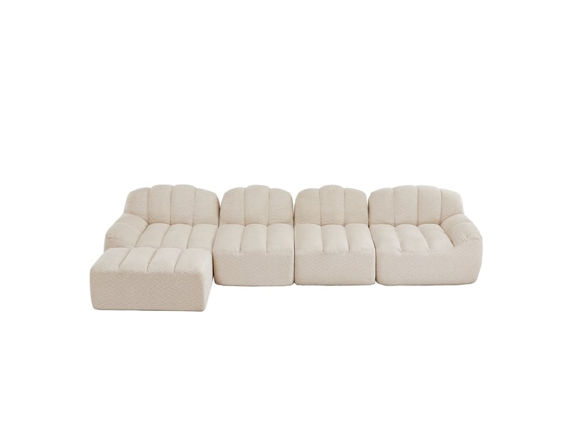 Canapé modulable 4 places avec ottoman beige blanc en tissu bouclette - Conforama A