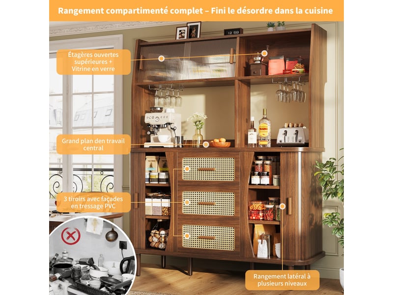  Buffet de cuisine haut 140 x 40,5 x 174,5 cm bois foncé, façade effet rotin, portes vitrées coulissantes, 3 tiroirs et porte-verres  - Conforama D
