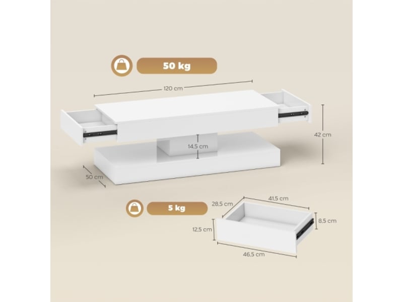 Table basse moderne blanche avec tiroirs, led et étagère ouverte en panneau pour salon - Conforama C