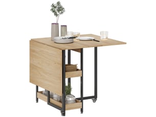 Table à manger pliante sur roulettes 4 personnes avec compartiments ouverts, pour petits espaces, salle à manger, chêne
