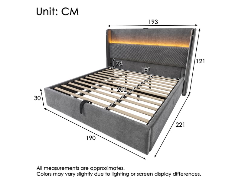 Lit coffre 180x200 cm, matelas inclus, gris, métal, lin, sommier, espace de rangement, tête de lit doté de led intégré, charge, lit adulte - Conforama C