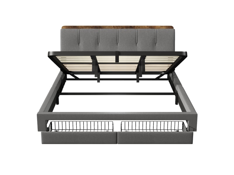  Lit coffre 180x200 cm, lit double, rangement hydraulique, led, usb et usb-c, lin gris  - Conforama B