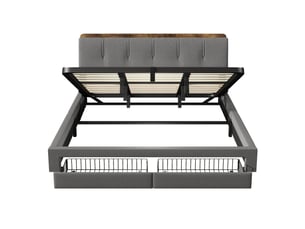 Lit coffre 180x200 cm, lit double, rangement hydraulique, led, usb et usb-c, lin gris