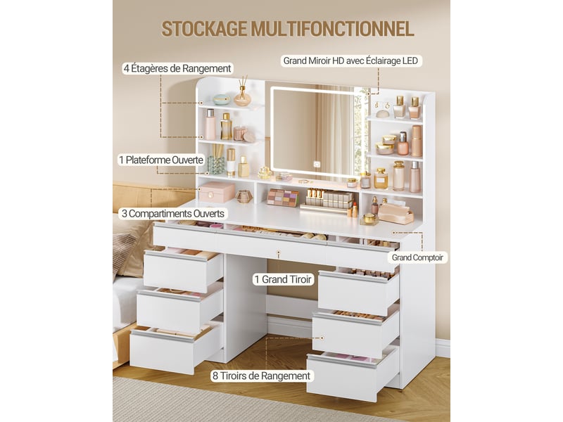 Grande coiffeuse avec éclairage led, 3 couleurs,miroir, 9 tiroirs, 9 étagères ouvertes, blanc-argent  - Conforama R