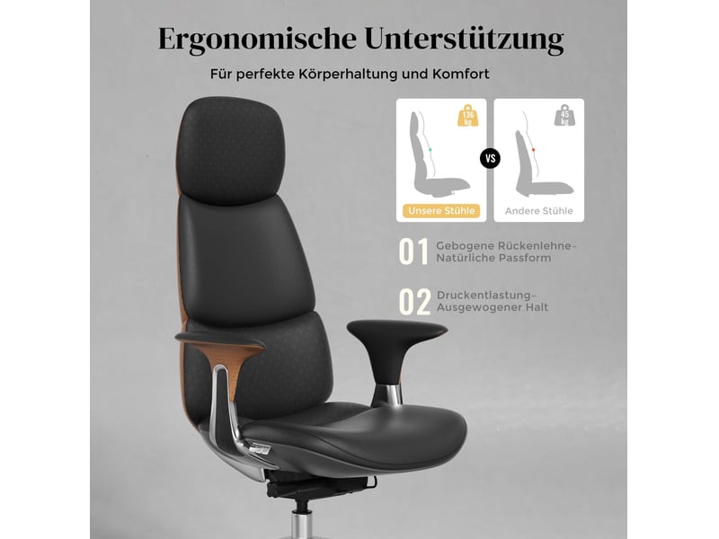  Fauteuil de bureau en cuir noir et marron, mécanisme à trois leviers inclinable jusqu'à 135°, assise coulissante  - Conforama E