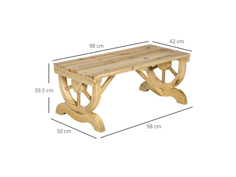  Banc de jardin 2 places avec structure à lattes et pieds en forme de roue de chariot, en bois, 98 x 50 x 39,5 cm, couleur bois  - Conforama E
