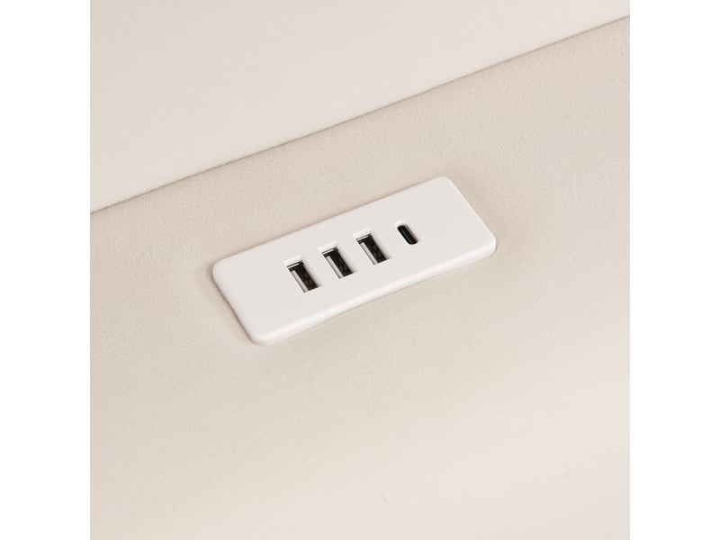  Lit coffre 140 × 200 cm, rangement hydraulique, led, ports usb, étagères et poches latérales, velours blanc et bleu  - Conforama E