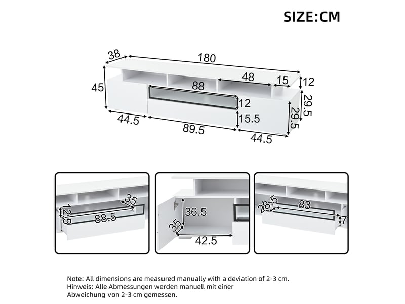  Meuble tv avec 2 portes, 1 tiroir et led pour salon 180×38×45 cm en panneaux de particules blanc  - Conforama E
