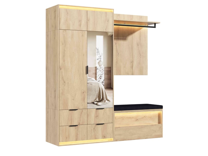 Meuble d'entrée avec armoire, porte-manteau, banc avec coussin et miroir led en mdf, vestiaire avec 4 tiroirs, 2 tringles et rangements, 180x47x200 cm - chêne - Conforama A