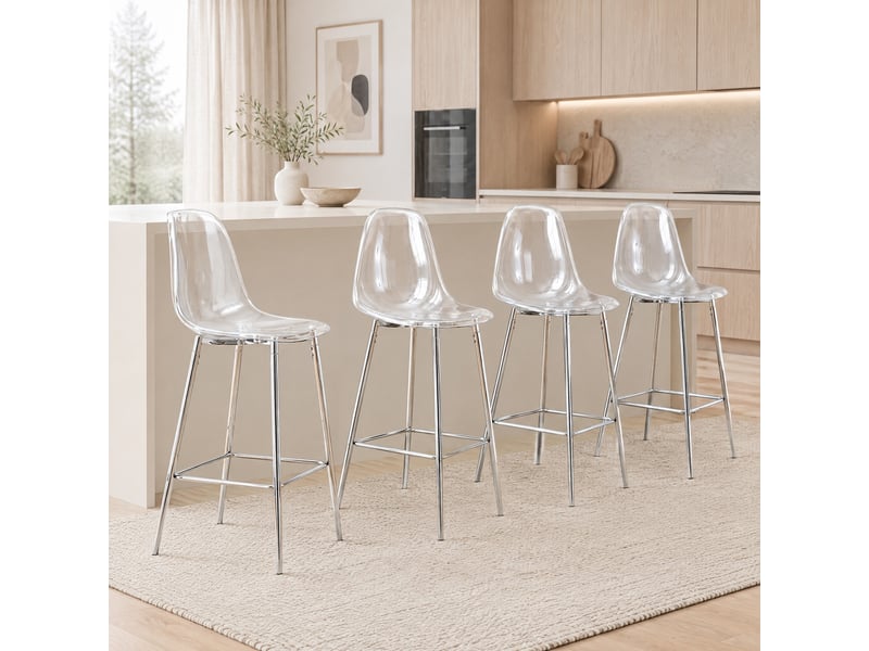  Lot de 4 tabourets de bar,51x45x102 cm,avec piètement métal argenté,transparents  - Conforama B