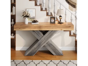 Console 140x30x80 cm en panneau de particules coloris naturel avec support en x