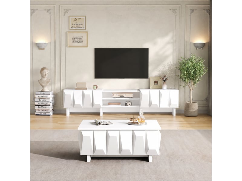  Ensemble meuble tv et table basse blanc avec façades à relief géométrique  - Conforama E