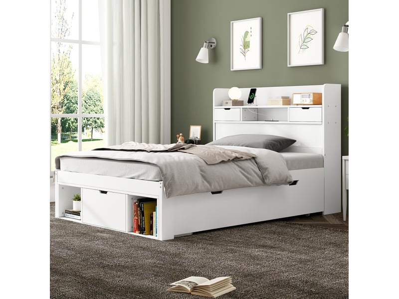  Lit simple multi 90x190 cm, rangement, charge, lit enfant tiroirs, en mdf, coloris blanc, sommier, tête de lit, sans matelas  - Conforama E