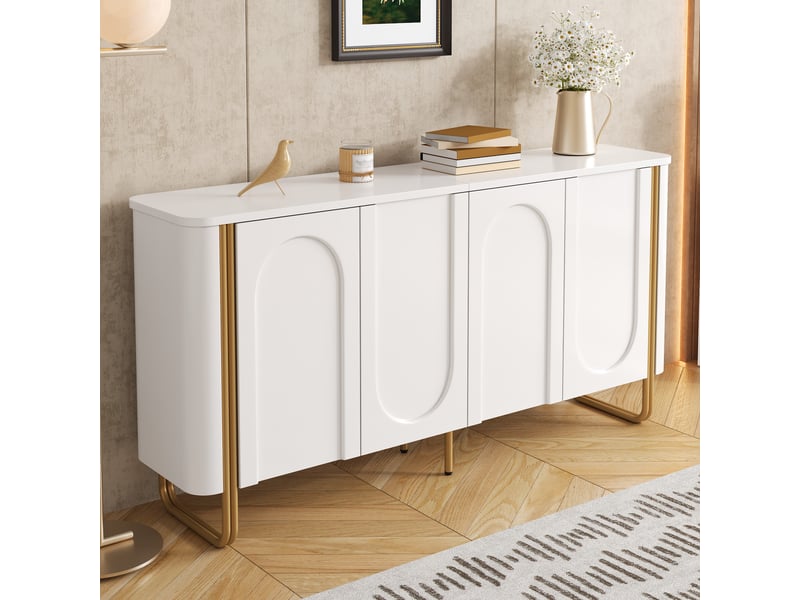  Buffet en mdf avec 4 portes, pieds métal, façade en relief arqué, coins arrondis et ouverture push-to-open, rangement moderne pour salon, pour aménagement intérieur moderne OPULERANE TRADING LTD - Conforama E