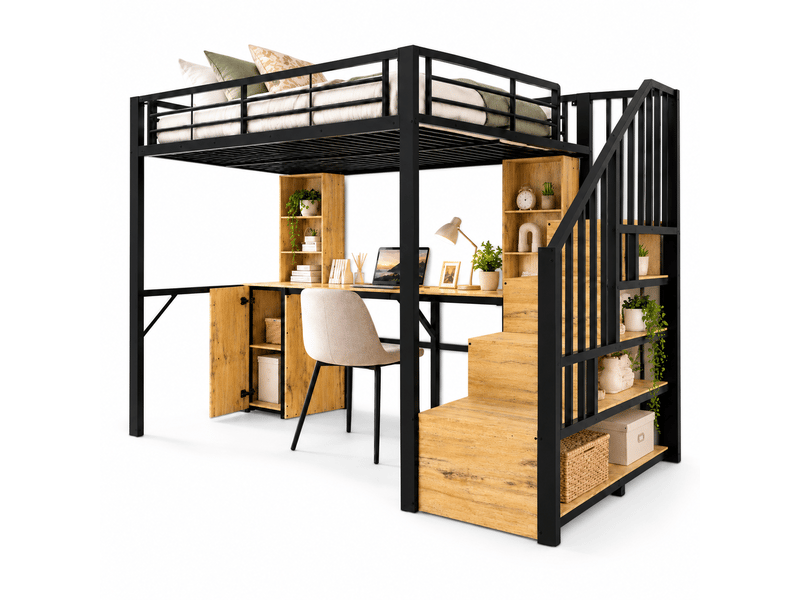  Lit mezzanine 90 x 200 cm avec bureau intégré, armoire, étagères, escalier de rangement et port usb, métal et bois - noir OMNIGLINT TRADING LTD - Conforama A