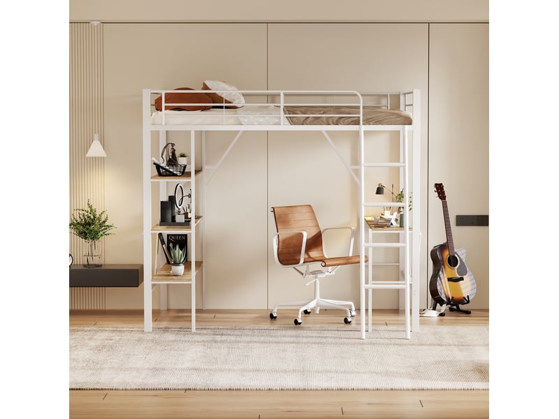  Lit mezzanine 90x200 cm en métal avec bureau et 3 étagères, blanc, pour enfants et adultes  - Conforama E