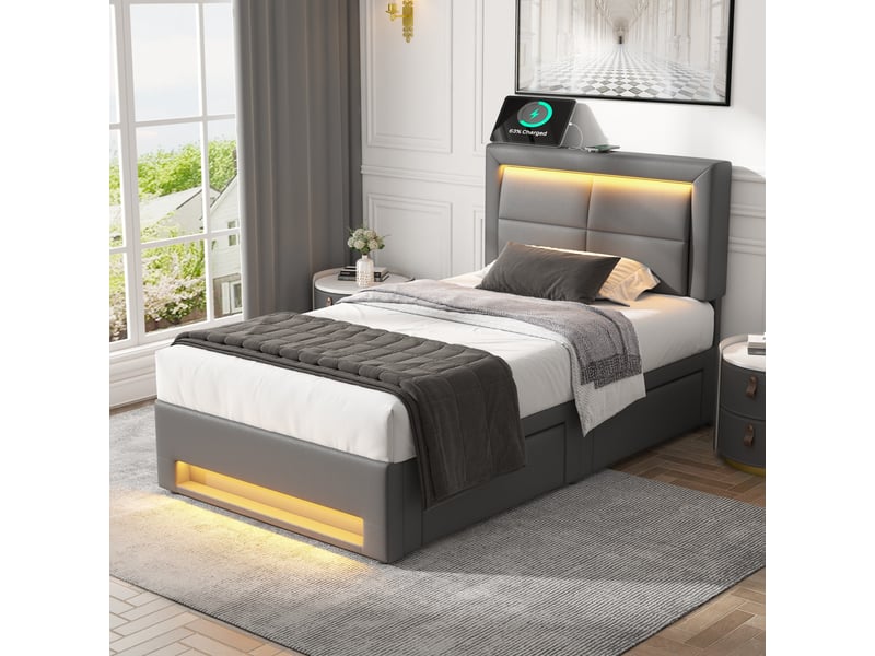  Lit capitonné 90x190 cm gris avec port usb, led et quatre tiroirs de rangement  - Conforama B