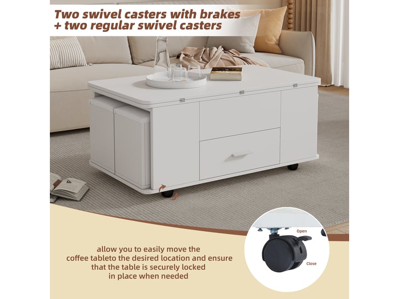  Table basse relevable et extensible blanche avec 4 poufs 100x50cm  - Conforama E