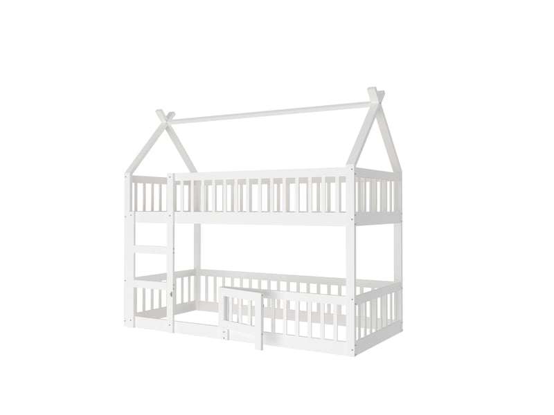 Lit mezzanine enfant 200×90 cm avec espace inférieur, escalier et barrières, en bois blanc - Conforama A