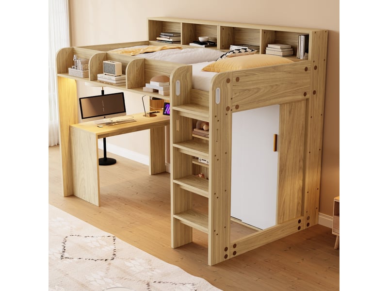 Lit mezzanine, 90 x 200 cm, avec bureau, armoire, éclairage led et prise électrique, bois naturel - Conforama D