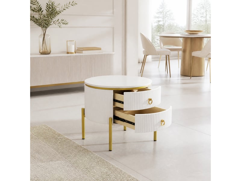  Table basse ronde avec 2 tiroirs, pieds réglables, effet marbre et détails dorés, pour salon, mdf, blanc, 50 x 50 x 51 cm  - Conforama B